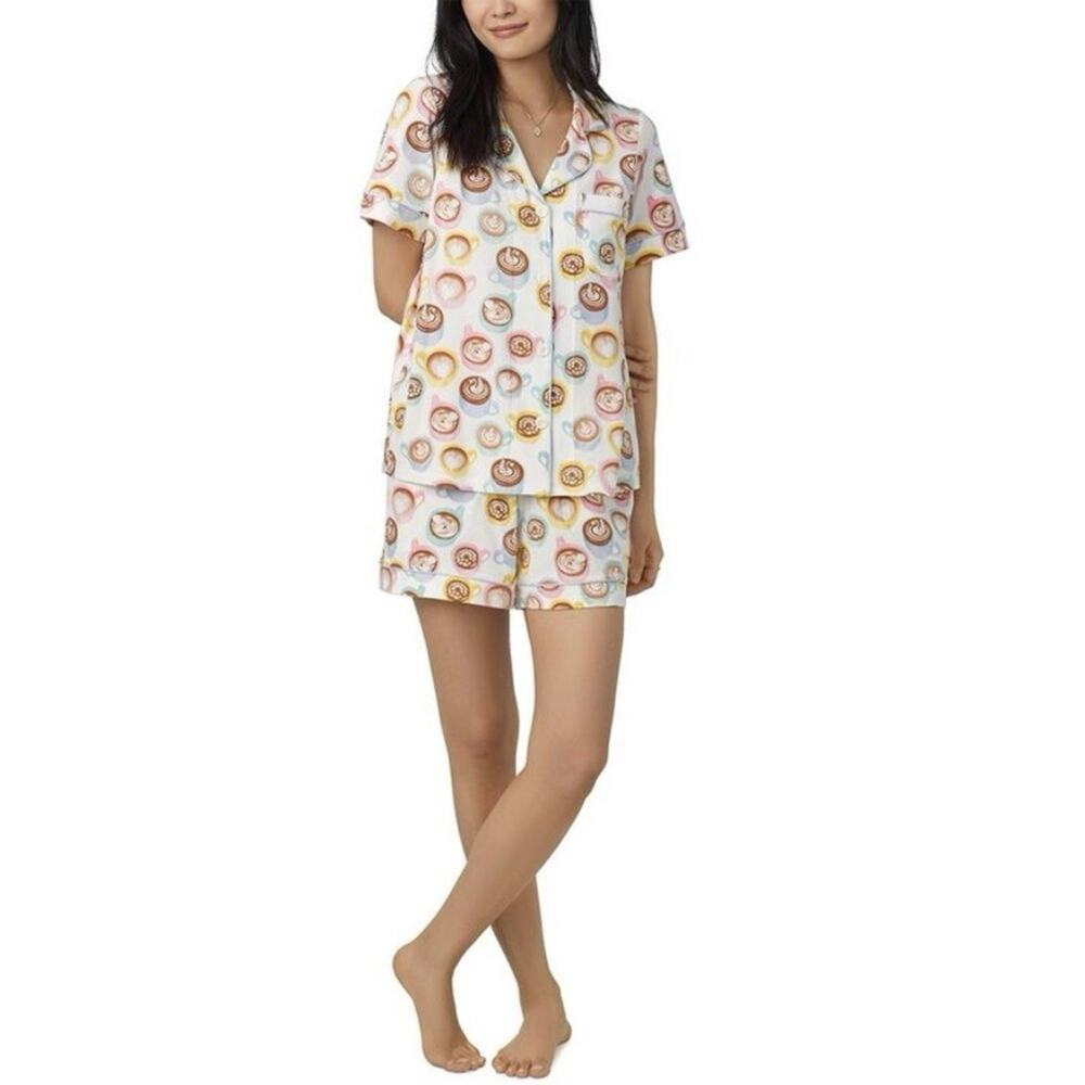 BedHead Pajamas Lots Of Latte Shorty PJ Set L Organic Cotton Lounge Comfy Preppy